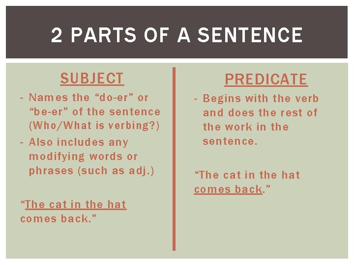 2 PARTS OF A SENTENCE SUBJECT - Names the “do-er” or “be-er” of the