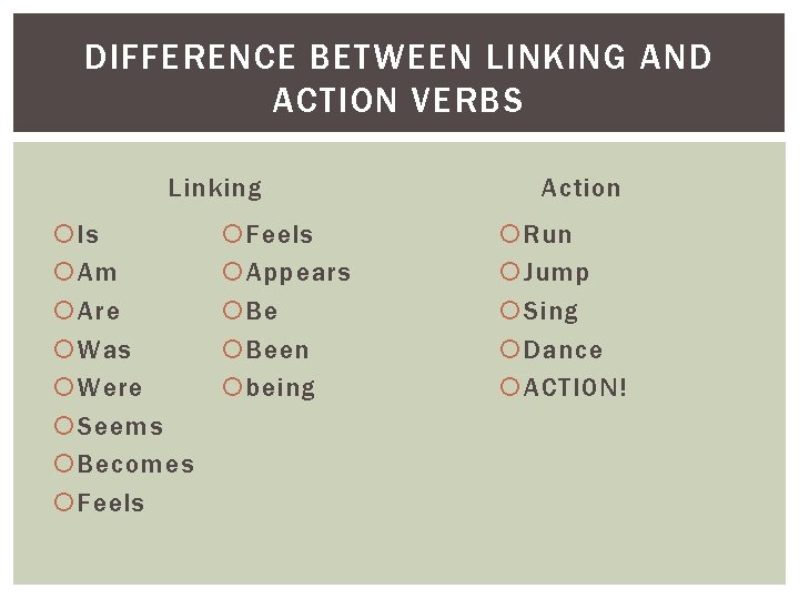 DIFFERENCE BETWEEN LINKING AND ACTION VERBS Linking Is Am Are Was Were Seems Becomes