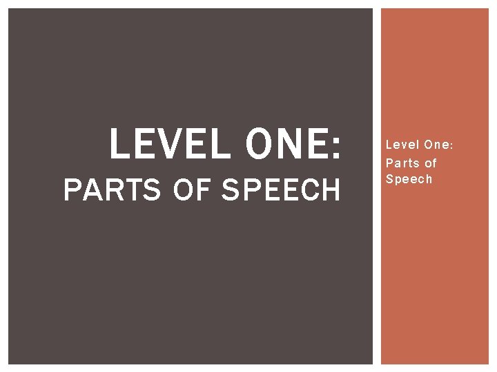 LEVEL ONE: PARTS OF SPEECH Level One: Parts of Speech 