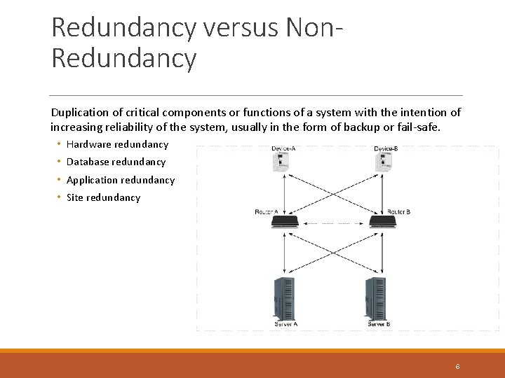 Redundancy versus Non. Redundancy Duplication of critical components or functions of a system with