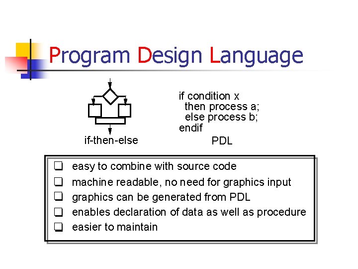 Program Design Language if-then-else if condition x then process a; else process b; endif