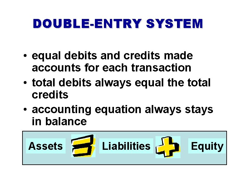 DOUBLE-ENTRY SYSTEM • equal debits and credits made accounts for each transaction • total