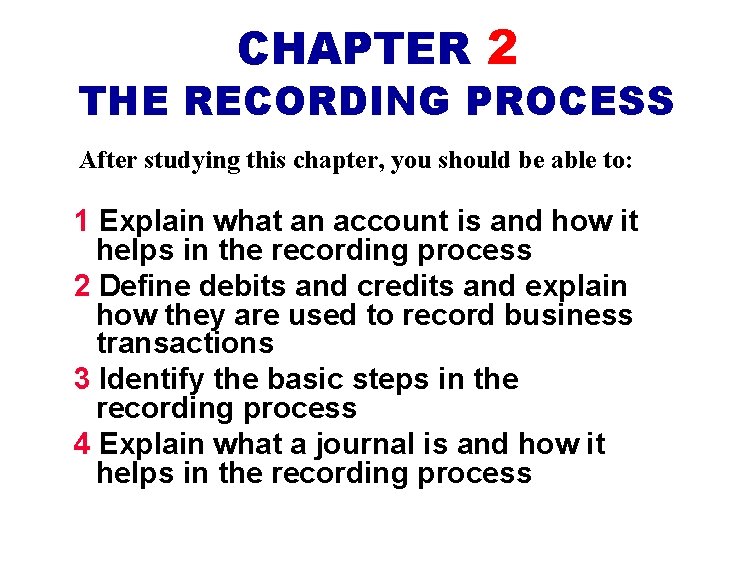 CHAPTER 2 THE RECORDING PROCESS After studying this chapter, you should be able to: