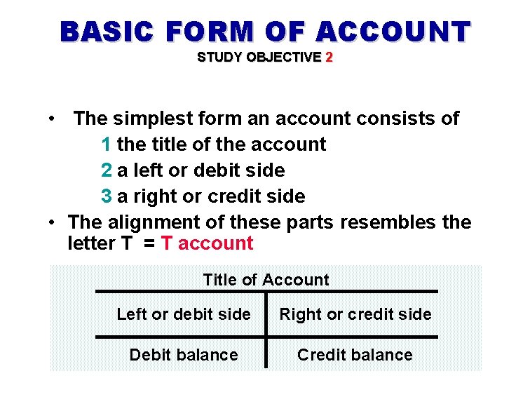 BASIC FORM OF ACCOUNT STUDY OBJECTIVE 2 • The simplest form an account consists