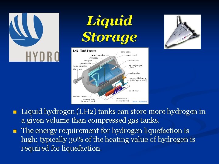 Liquid Storage n n Liquid hydrogen (LH 2) tanks can store more hydrogen in