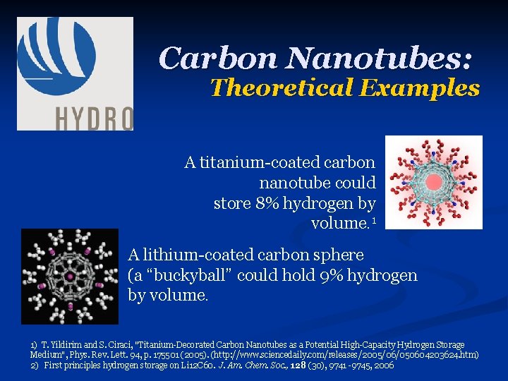 Carbon Nanotubes: Theoretical Examples A titanium-coated carbon nanotube could store 8% hydrogen by volume.