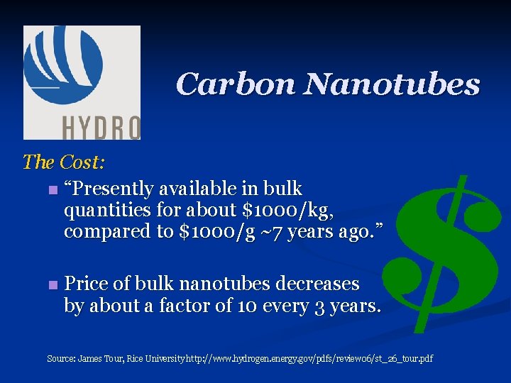 Carbon Nanotubes The Cost: n “Presently available in bulk quantities for about $1000/kg, compared