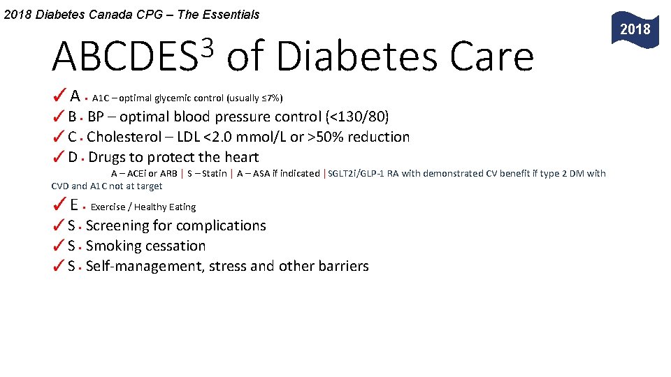 2018 Diabetes Canada CPG – The Essentials 3 ABCDES of Diabetes Care ✓A •