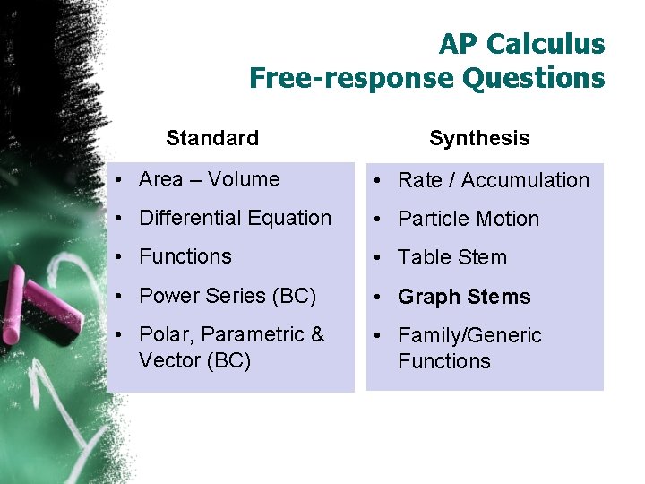AP Calculus Free-response Questions Standard Synthesis • Area – Volume • Rate / Accumulation