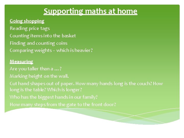 Supporting maths at home Going shopping Reading price tags Counting items into the basket