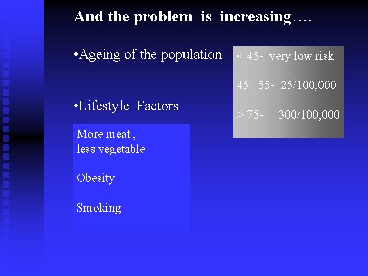 And the problem is increasing…. • Ageing of the population < 45 - very