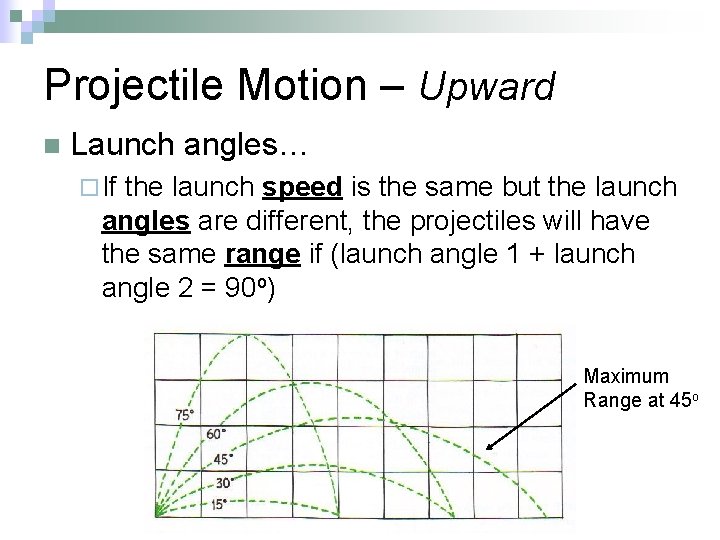 Projectile Motion – Upward n Launch angles… ¨ If the launch speed is the