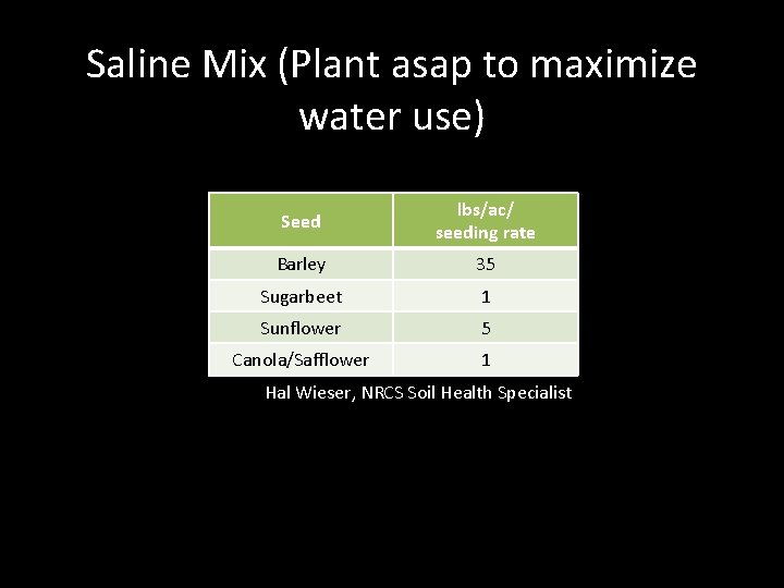 Saline Mix (Plant asap to maximize water use) Seed lbs/ac/ seeding rate Barley 35