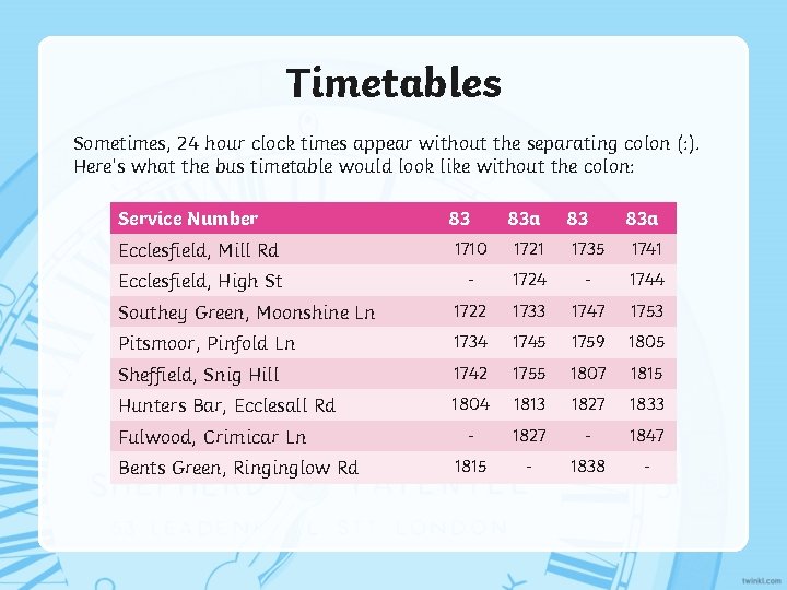 Timetables Sometimes, 24 hour clock times appear without the separating colon (: ). Here’s