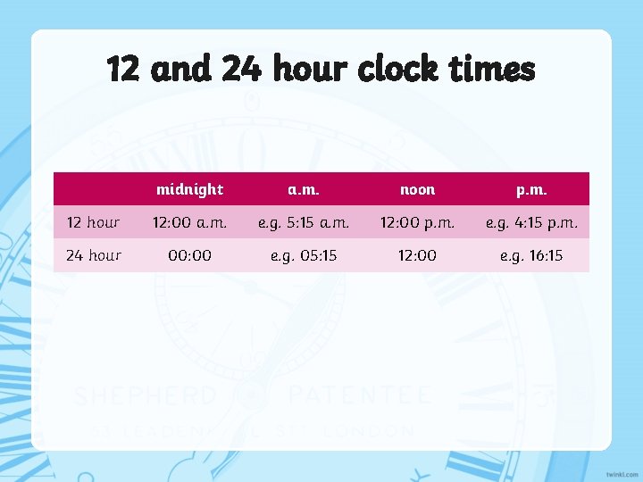 12 and 24 hour clock times midnight a. m. noon p. m. 12 hour