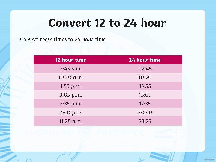 Convert 12 to 24 hour Convert these times to 24 hour time 12 hour