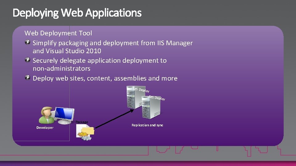 Web Deployment Tool Simplify packaging and deployment from IIS Manager and Visual Studio 2010