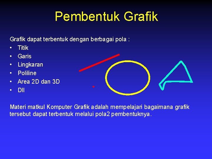 Pembentuk Grafik dapat terbentuk dengan berbagai pola : • Titik • Garis • Lingkaran