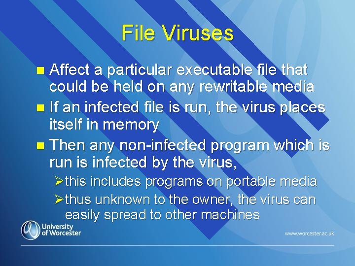 File Viruses Affect a particular executable file that could be held on any rewritable