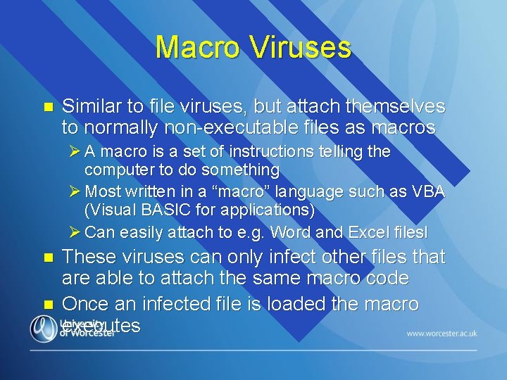 Macro Viruses n Similar to file viruses, but attach themselves to normally non-executable files
