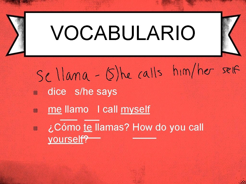 VOCABULARIO dice s/he says me llamo I call myself ¿Cómo te llamas? How do