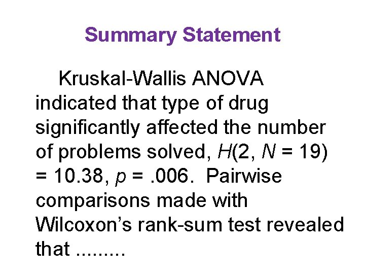 Summary Statement Kruskal-Wallis ANOVA indicated that type of drug significantly affected the number of