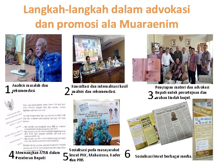 Langkah-langkah dalam advokasi dan promosi ala Muaraenim 1. Analisis masalah dan rekomendasi. 4. Menuangkan