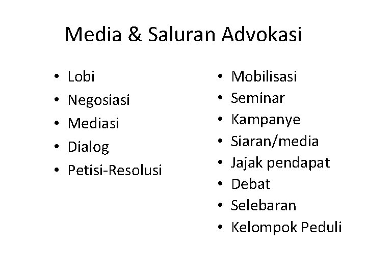 Media & Saluran Advokasi • • • Lobi Negosiasi Mediasi Dialog Petisi-Resolusi • •