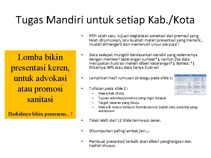 Tugas Mandiri untuk setiap Kab. /Kota Lomba bikin presentasi keren, untuk advokasi atau promosi