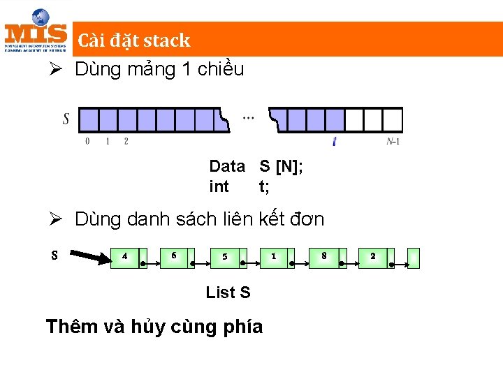 Cài đặt stack Ø Dùng mảng 1 chiều Data S [N]; int t; Ø