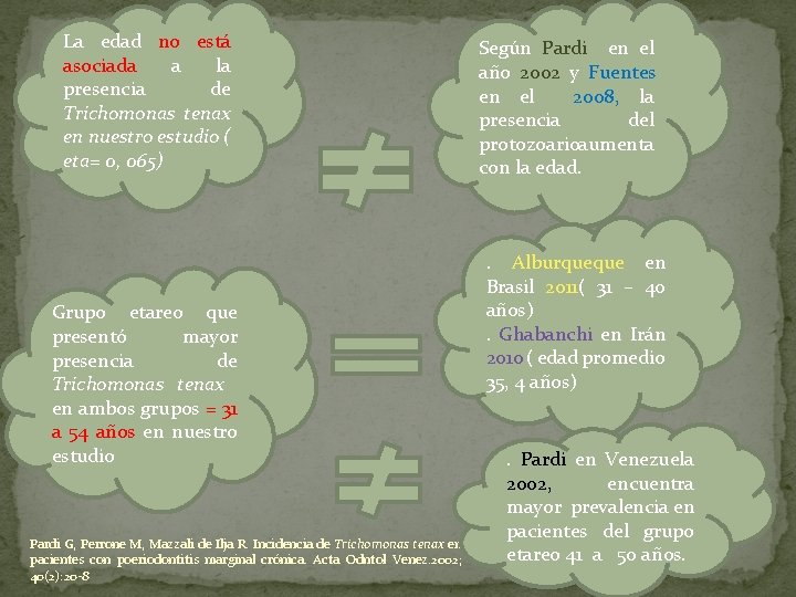 La edad no está asociada a la presencia de Trichomonas tenax en nuestro estudio