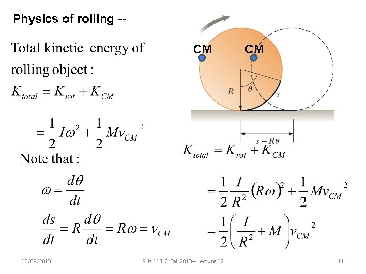 Physics of rolling -CM 10/08/2013 PHY 113 C Fall 2013 -- Lecture 12 CM Physics of rolling -CM 10/08/2013 PHY 113 C Fall 2013 -- Lecture 12 CM