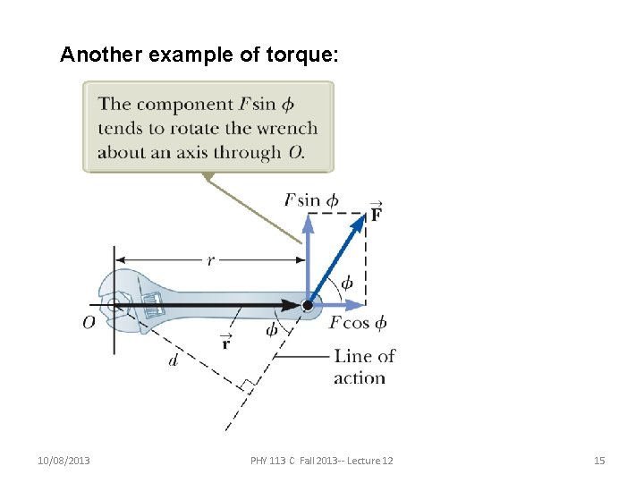 Another example of torque: 10/08/2013 PHY 113 C Fall 2013 -- Lecture 12 15 Another example of torque: 10/08/2013 PHY 113 C Fall 2013 -- Lecture 12 15