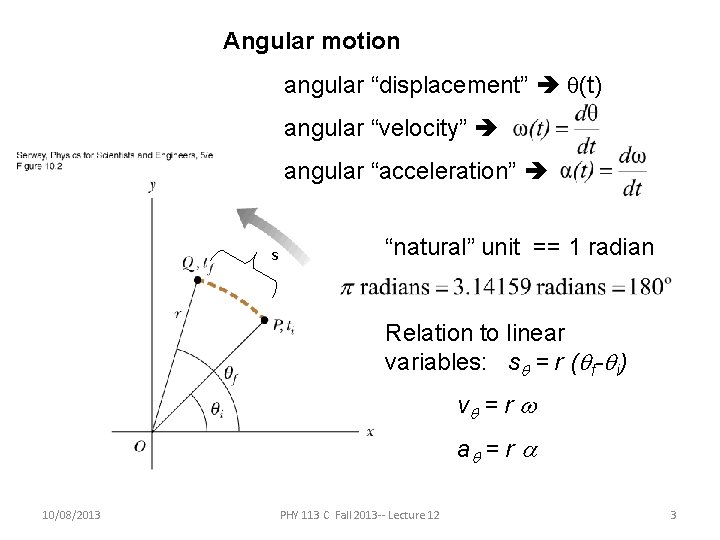 Angular motion angular “displacement” q(t) angular “velocity” angular “acceleration” s “natural” unit == 1 Angular motion angular “displacement” q(t) angular “velocity” angular “acceleration” s “natural” unit == 1
