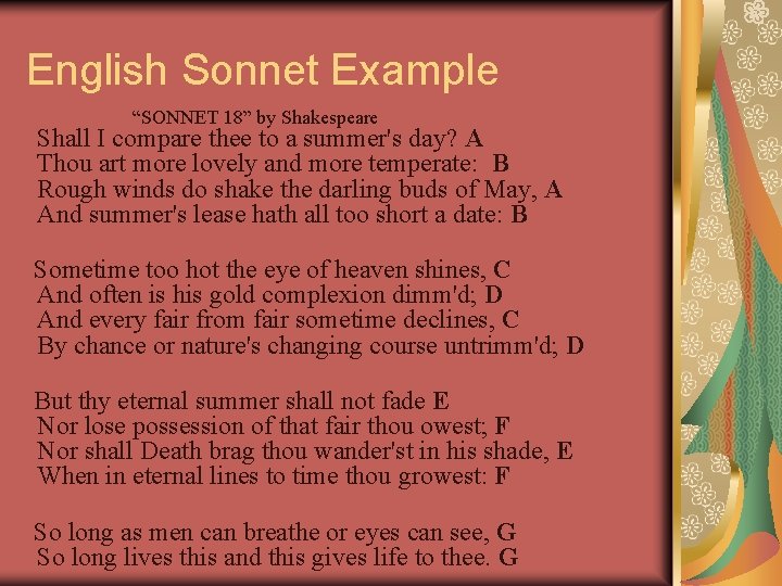 English Sonnet Example “SONNET 18” by Shakespeare Shall I compare thee to a summer's