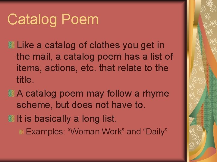 Catalog Poem Like a catalog of clothes you get in the mail, a catalog