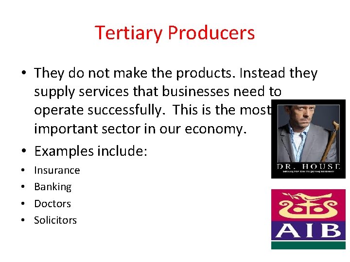 Tertiary Producers • They do not make the products. Instead they supply services that