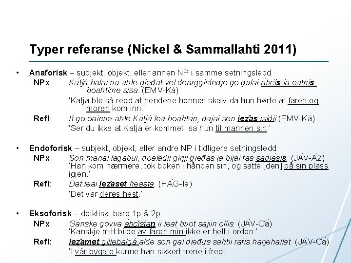 Typer referanse (Nickel & Sammallahti 2011) • Anaforisk – subjekt, objekt, eller annen NP