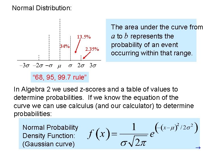 Normal Distribution: 13. 5% 34% 2. 35% The area under the curve from a