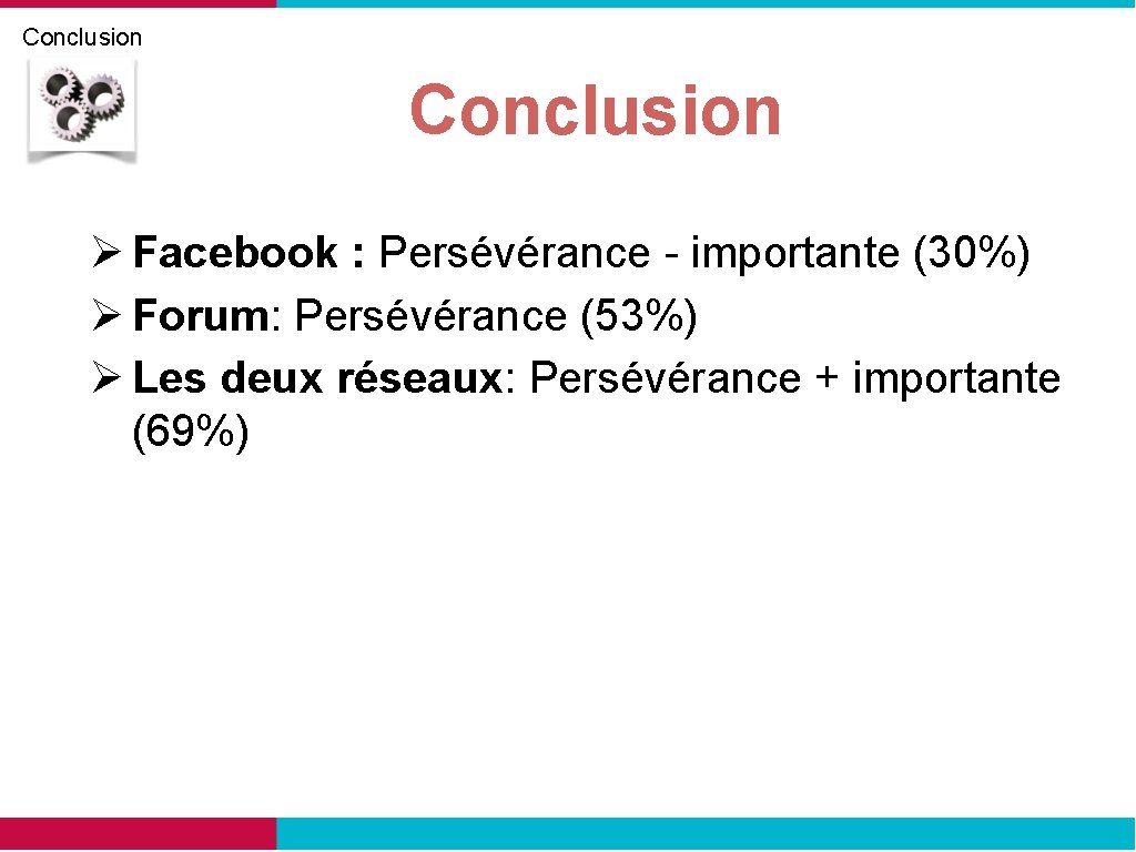 Conclusion Ø Facebook : Persévérance - importante (30%) Ø Forum: Persévérance (53%) Ø Les