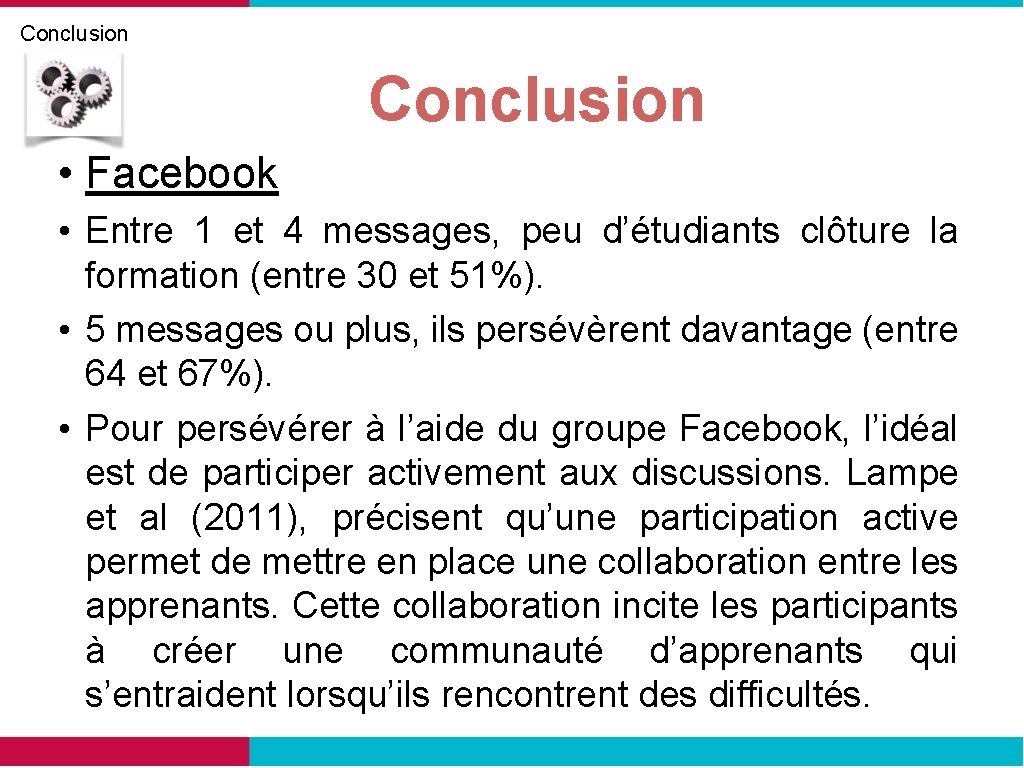 Conclusion • Facebook • Entre 1 et 4 messages, peu d’étudiants clôture la formation