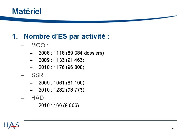 Matériel 1. Nombre d’ES par activité : – MCO : – – SSR :