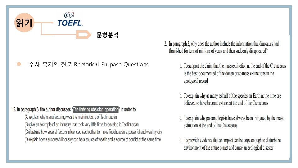 읽기 문항분석 수사 목저의 질문 Rhetorical Purpose Questions 