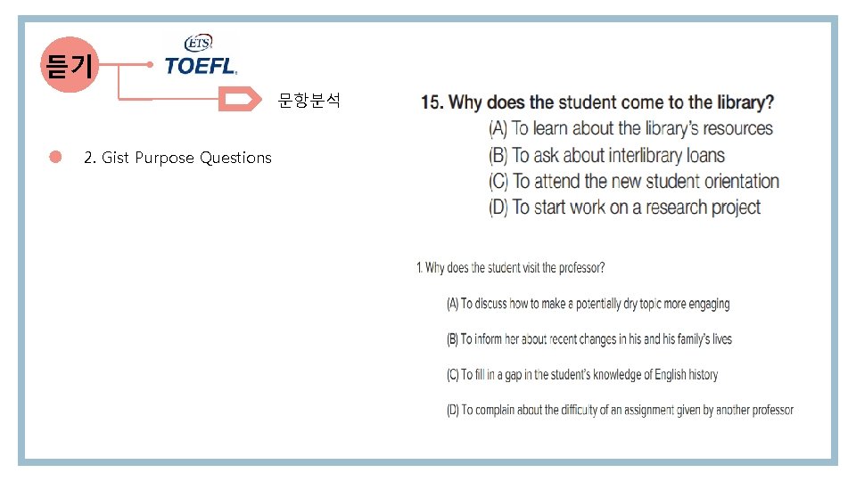 듣기 문항분석 2. Gist Purpose Questions 