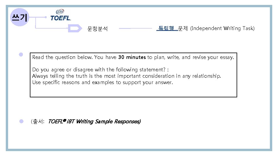 쓰기 문항분석 독립형 문제 (Independent Writing Task) Read the question below. You have 30