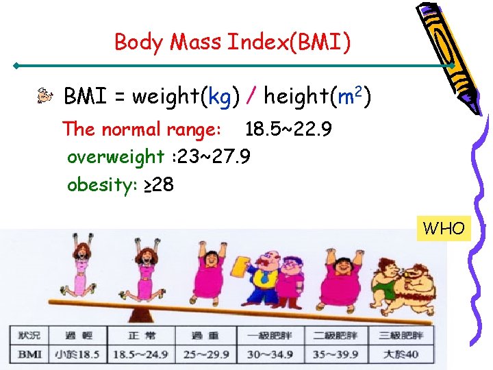 Body Mass Index(BMI) BMI = weight(kg) / height(m 2) The normal range: 18. 5~22.