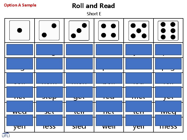 Roll and Read Option A Sample Short E bed beg den bet jet pet