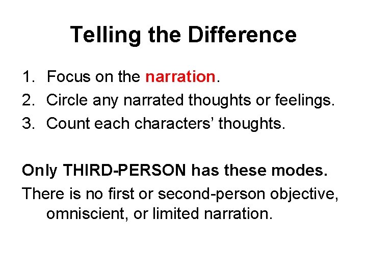 Telling the Difference 1. Focus on the narration. 2. Circle any narrated thoughts or
