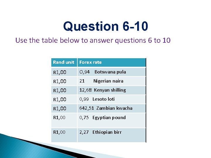 Question 6 -10 Use the table below to answer questions 6 to 10 Rand