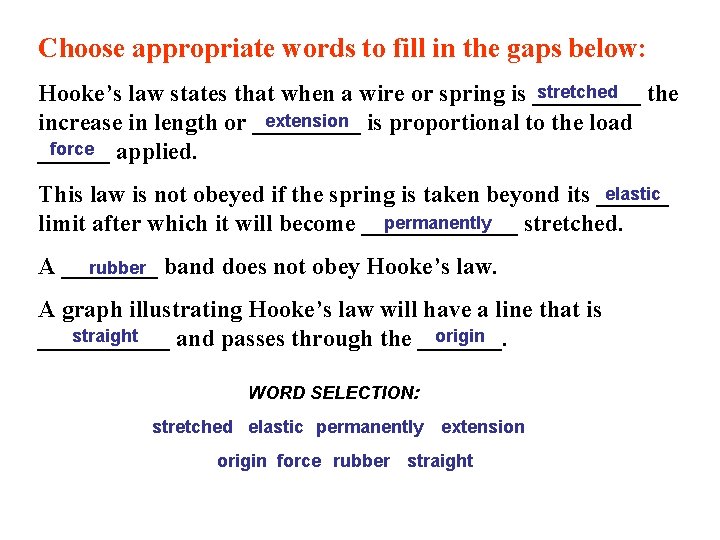 Choose appropriate words to fill in the gaps below: stretched Hooke’s law states that